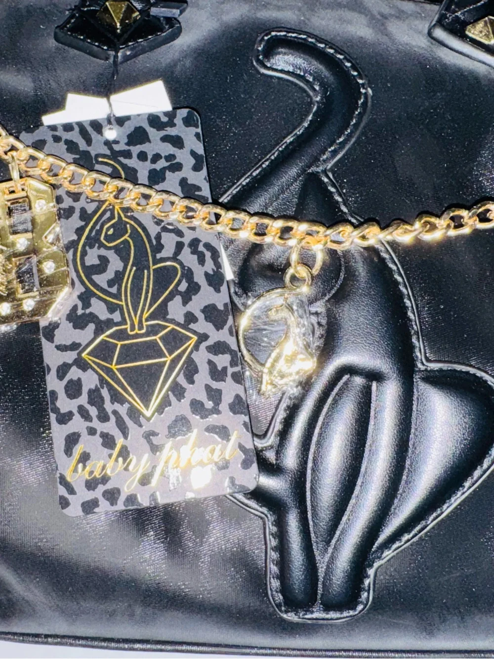 Baby Phat Black leopard print Satchel with Gold Charm Chain BNWT
